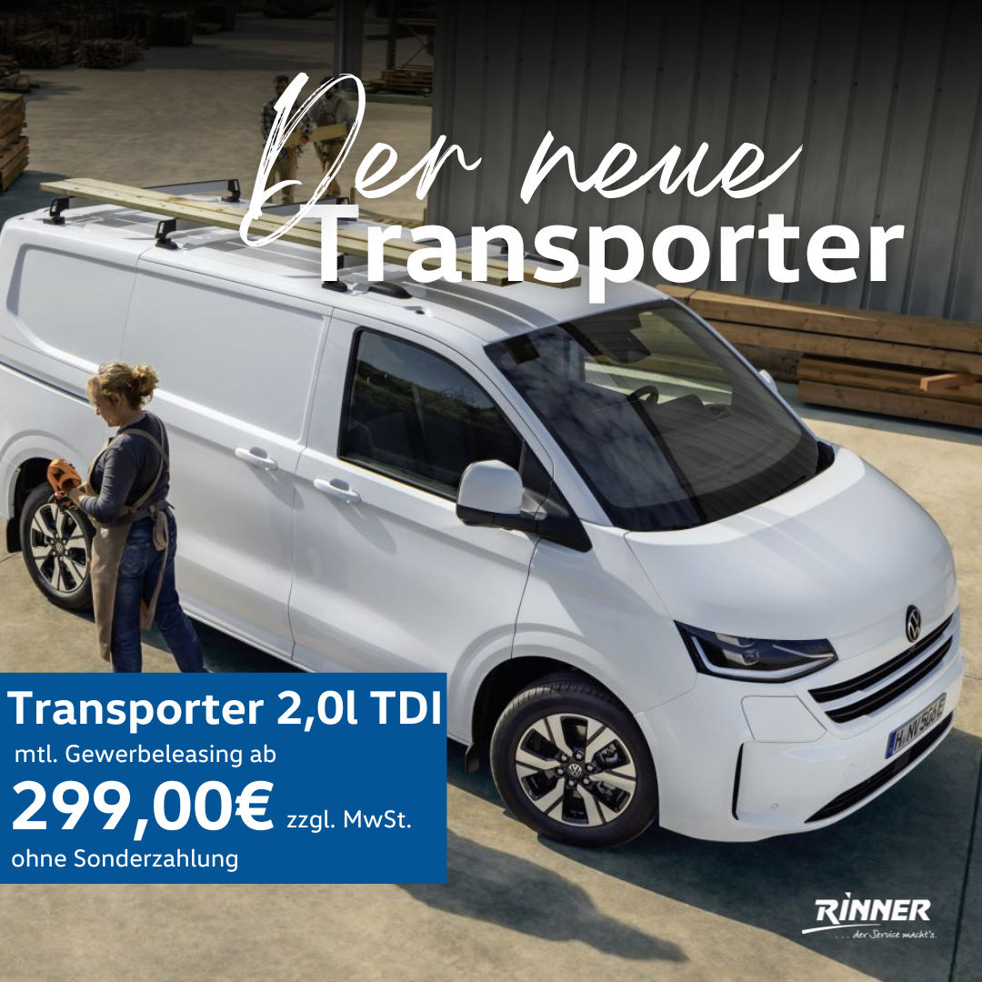 VW Transporter in weiß steht vor einem Container. Vor dem Auto läuft eine Handwerkerin.