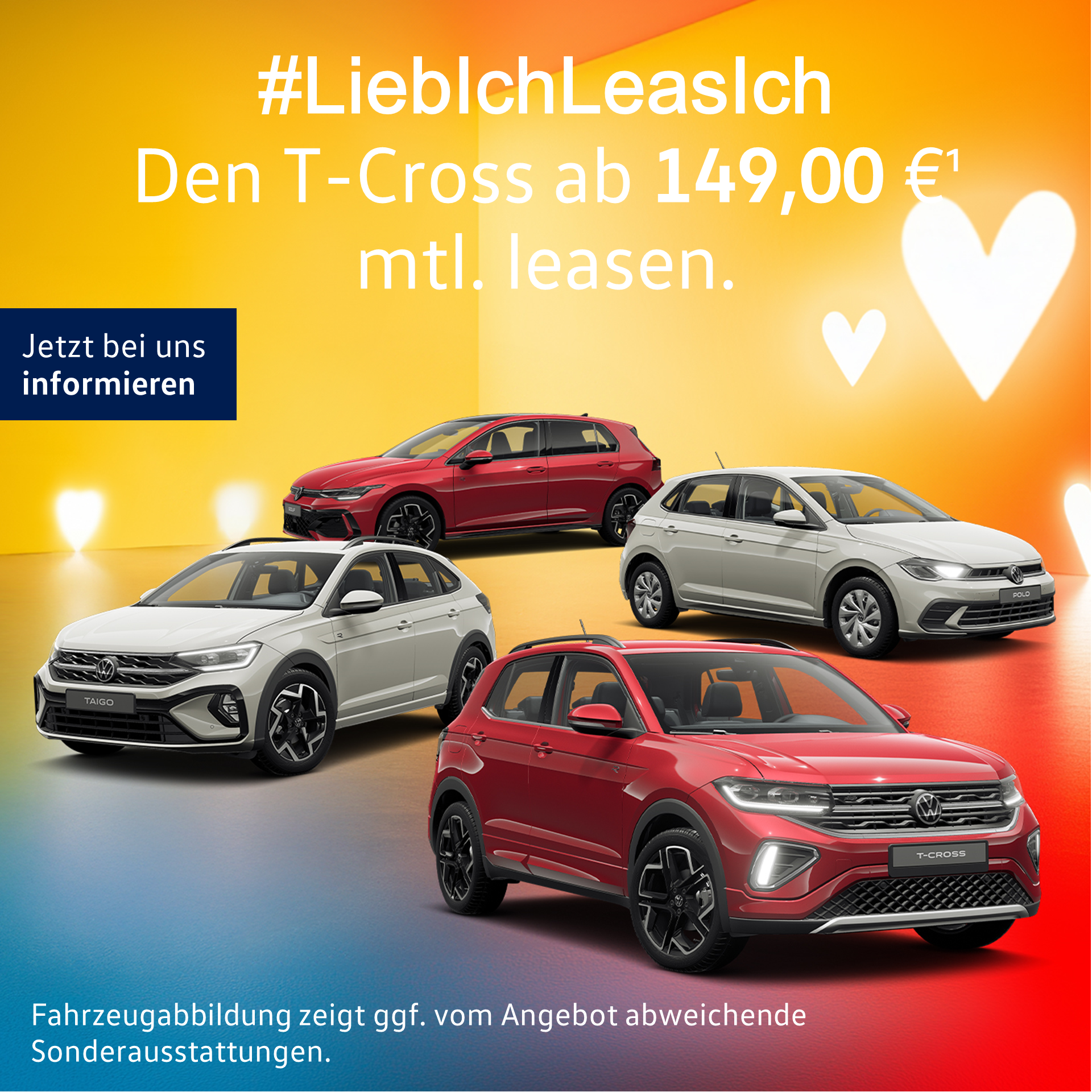 Volkswagen Modelle vor buntem Hintergrund in Regenbogenfarben.